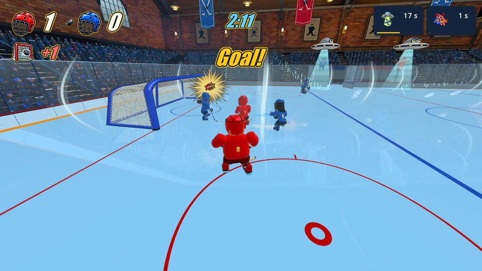 A slapshot scores a goal as UFOs beam up players in the Slapshot arena